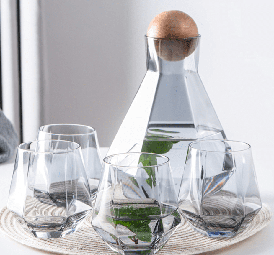 3 Piece Smoke Grey Tinted Glass Hexagonal Carafe Decanter and Drinking  Glasses Set